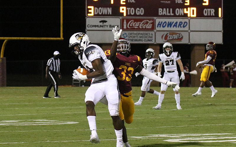 East Central sophomore wide receiver John Hilbert (Brookhaven) pulls down a long pass from sophomore quarterback Holman Edwards in first half action in Ellisville. Hilbert had seven catches for 139 yards in the loss. (EC Photo)