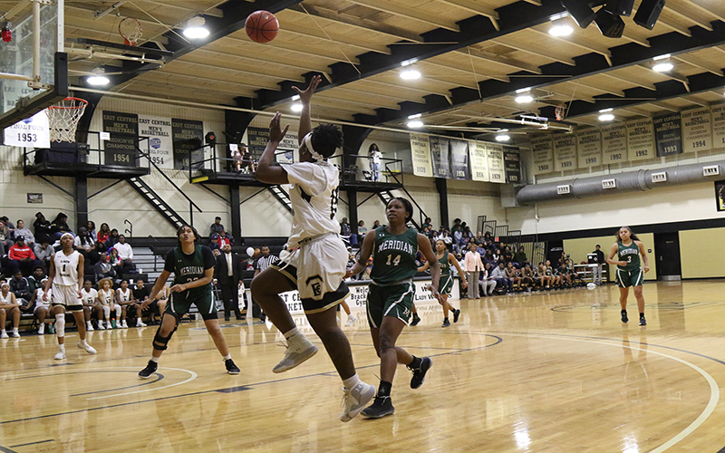 East Central sophomore guard Makaila Carter (Boutte, La., Hahnville) shoots a running jumper in the win over Meridian. (EC Photo)